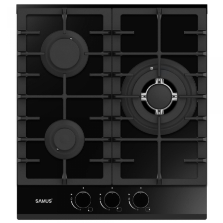 Plite incorporabile - Plita pe gaz incorporabila Samus PSG-43SG2, 3 arzatoare, arzator Wok, putere 6.2 kW, aprindere electrica, dispozitiv siguranta arzatoare, suport din sticla, gratare din fonta, negru