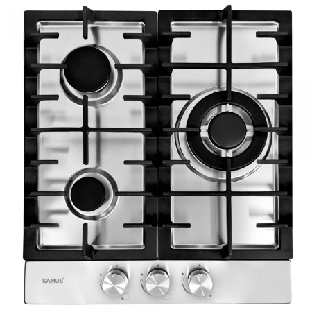 ELECTROCASNICE - Plita pe gaz incorporabila Samus PSG-43SX1, 3 arzatoare, arzator Wok, putere 6.2 kW, aprindere electrica, dispozitiv siguranta arzatoare, suport din inox, gratar fonta, argintiu