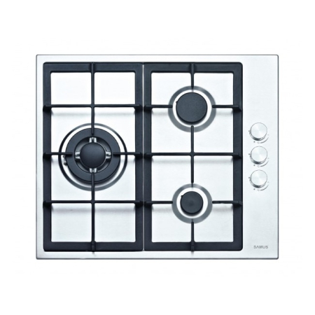 ELECTROCASNICE - Plita pe gaz incorporabila Samus PSG-63SX1, 3 arzatoare, arzator Wok, putere 6.2 kW, aprindere electrica, dispozitiv siguranta arzatoare, gratar fonta, argintiu