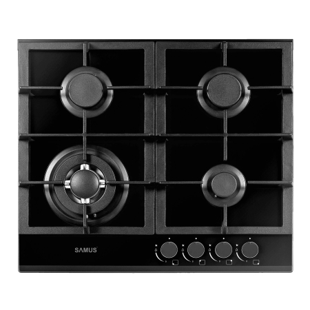 ELECTROCASNICE - Plita pe gaz incorporabila Samus PSG-64SG1, 4 arzatoare, arzator Wok, putere 8 kW, aprindere electrica, dispozitiv siguranta arzatoare, negru