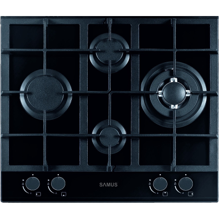 ELECTROCASNICE - Plita pe gaz incorporabila Samus PSG-64SG2, 4 arzatoare, arzator Wok, putere 8.6 kW, aprindere electrica, dispozitiv siguranta arzatoare, suport sticla, negru