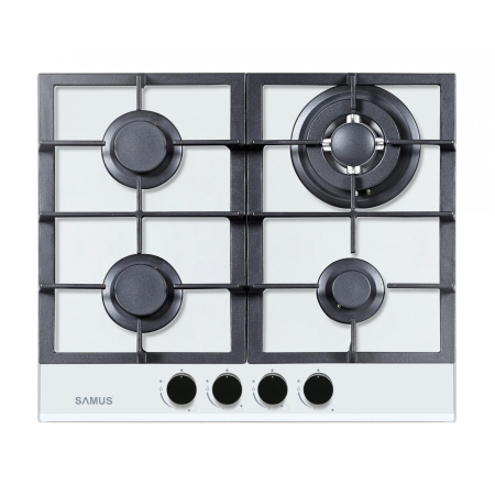 ELECTROCASNICE - Plita pe gaz incorporabila Samus PSG-64SG3 WH, 4 arzatoare, arzator Wok, putere 8 kW, aprindere electrica, dispozitiv siguranta arzatoare, suport sticla, alb