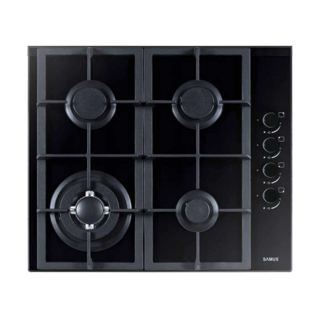 ELECTROCASNICE - Plita pe gaz incorporabila Samus PSG-64SG4, 4 arzatoare, 1 arzator Wok, aprindere electrica, sistem siguranta la arzatoare, sticla negru, panou lateral, gratar fonta, negru