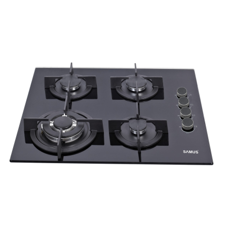 Plita pe gaz incorporabila Samus PSG-64SG6, 4 arzatoare, putere 8 kW, aprindere electrica, dispozitiv siguranta arzatoare, suport din sticla, gratar font, negru [1]