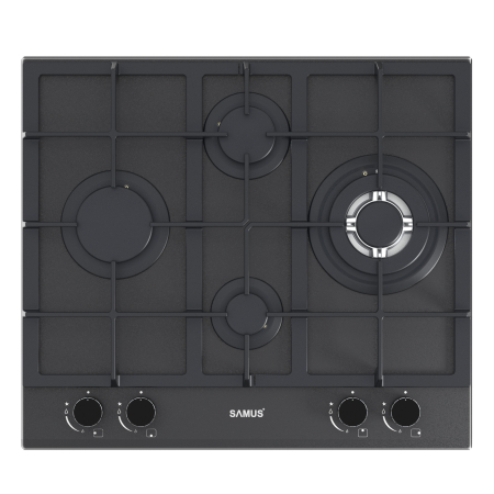 ELECTROCASNICE - Plita pe gaz incorporabila Samus PSG-64SMGN2, 4 arzatoare, arzator Wok, putere 8.6 kW, aprindere electrica, dispozitiv siguranta arzatoare, latime 58 cm, gratar fonta, sticla cu acoperire Nano, negru