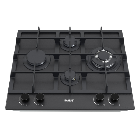 Plita pe gaz incorporabila Samus PSG-64SMGN2, 4 arzatoare, arzator Wok, putere 8.6 kW, aprindere electrica, dispozitiv siguranta arzatoare, latime 58 cm, gratar fonta, sticla cu acoperire Nano, negru [1]