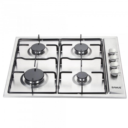 Plita pe gaz incorporabila Samus PSG-64SX, 4 arzatoare, putere 7 kW, aprindere electrica, dispozitiv siguranta arzatoare, butoane cu finisaj inox, panou de control lateral, argintiu [1]