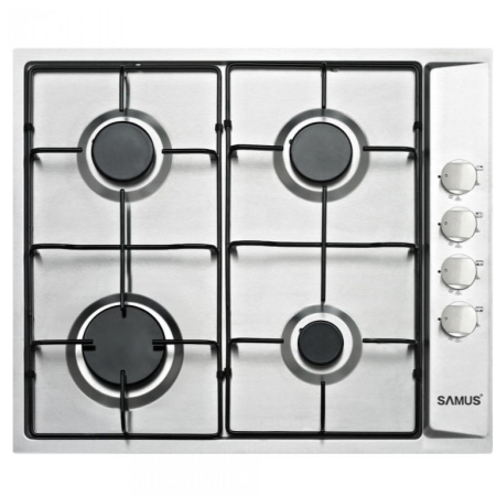 Plite incorporabile - Plita pe gaz incorporabila Samus PSG-64SX, 4 arzatoare, putere 7 kW, aprindere electrica, dispozitiv siguranta arzatoare, butoane cu finisaj inox, panou de control lateral, argintiu