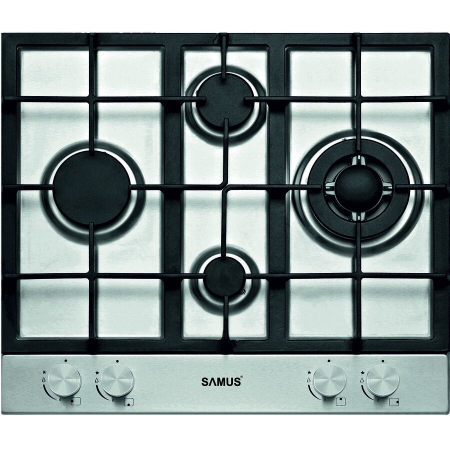 Plita pe gaz incorporabila Samus PSG-64SX6, 4 arzatoare, arzator Wok, putere 8.6 kW, aprindere electrica, dispozitiv siguranta arzatoare, suport inox, argintiu [1]