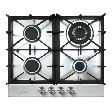 ELECTROCASNICE - Plita pe gaz incorporabila Samus PSG-64SX7, 4 arzatoare, 1 arzator Wok, aprindere electrica, dispozitiv siguranta arzatoare, butoane inox, gratar fonta, panou frontal, argintiu