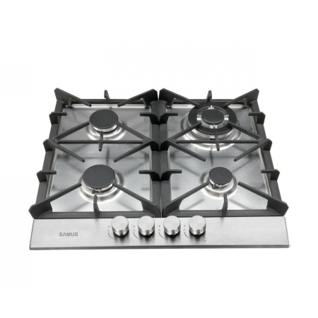Plita pe gaz incorporabila Samus PSG-64SX7, 4 arzatoare, 1 arzator Wok, aprindere electrica, dispozitiv siguranta arzatoare, butoane inox, gratar fonta, panou frontal, argintiu [1]