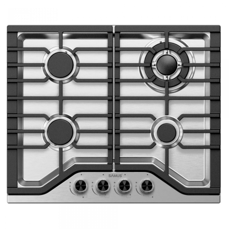 ELECTROCASNICE - Plita pe gaz incorporabila Samus PSG-64SX9, 4 arzatoare, arzator Wok, putere 8 kW, aprindere electrica, dispozitiv siguranta arzatoare, suport din inox, gratar fonta, argintiu