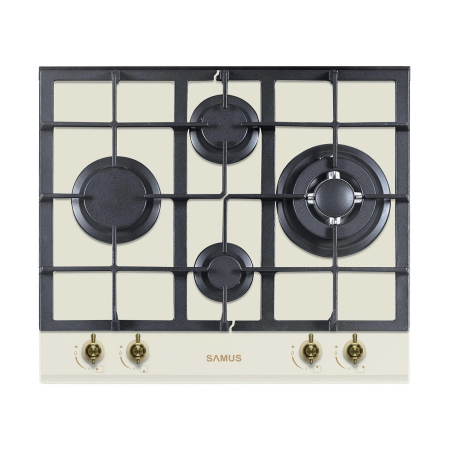 ELECTROCASNICE - Plita pe gaz incorporabila Samus PSG-64VG1, 4 arzatoare, arzator Wok, putere 8.6 kW, aprindere electrica, dispozitiv siguranta arzatoare, suport sticla, gratar fonta, design rustic, bej