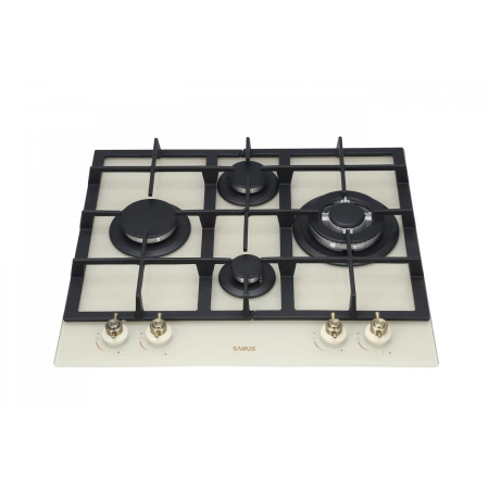 Plita pe gaz incorporabila Samus PSG-64VG1, 4 arzatoare, arzator Wok, putere 8.6 kW, aprindere electrica, dispozitiv siguranta arzatoare, suport sticla, gratar fonta, design rustic, bej [1]