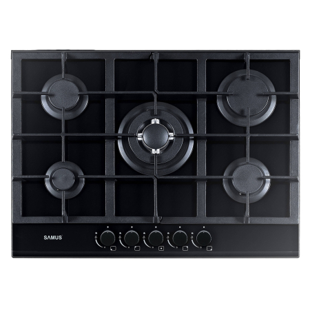 ELECTROCASNICE - Plita pe gaz incorporabila Samus PSG-75SG, 5 arzatoare, 1 arzator Wok, aprindere electrica, sistem siguranta la arzatoare, sticla negru, gratar fonta, negru