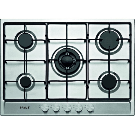 ELECTROCASNICE - Plita pe gaz incorporabila Samus PSG-75SX, 5 arzatoare, arzator Wok, putere 10.4 kW, aprindere electrica, dispozitiv siguranta arzatoare, argintiu
