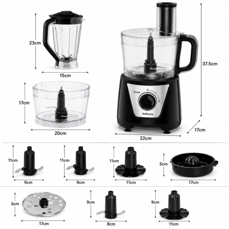 Robot de Bucătărie 8-în-1 Hoffmans HM-1278, 1000W, Blender 1,5L, Multifuncțional pentru Tocare, Feliere și Răzuire, Motor din Cupru, Vas Transparent, Negru [6]