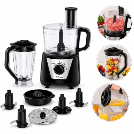 Roboti de bucatarie - Robot de Bucătărie 8-în-1 Hoffmans HM-1278, 1000W, Blender 1,5L, Multifuncțional pentru Tocare, Feliere și Răzuire, Motor din Cupru, Vas Transparent, Negru