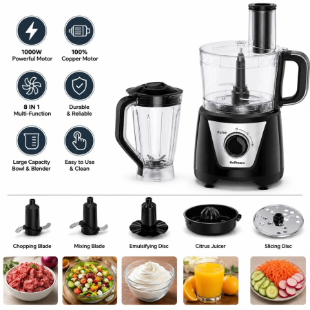 Robot de Bucătărie 8-în-1 Hoffmans HM-1278, 1000W, Blender 1,5L, Multifuncțional pentru Tocare, Feliere și Răzuire, Motor din Cupru, Vas Transparent, Negru [3]