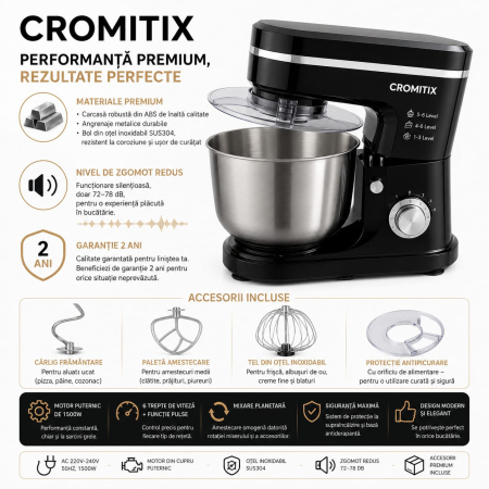 Robot de bucatarie planetar CROMITIX® MB-1500BK, Bol Inox 6L, Motor Cupru 1500W, 6 Trepte de Viteză + Pulse, Frământare și Mixare Profesională, 3 Accesorii Incluse, Protecție Anti-Stropire, Negru [7]
