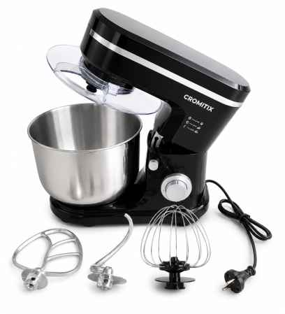 Roboti de bucatarie - Robot de bucatarie planetar CROMITIX® MB-1500BK, Bol Inox 6L, Motor Cupru 1500W, 6 Trepte de Viteză + Pulse, Frământare și Mixare Profesională, 3 Accesorii Incluse, Protecție Anti-Stropire, Negru