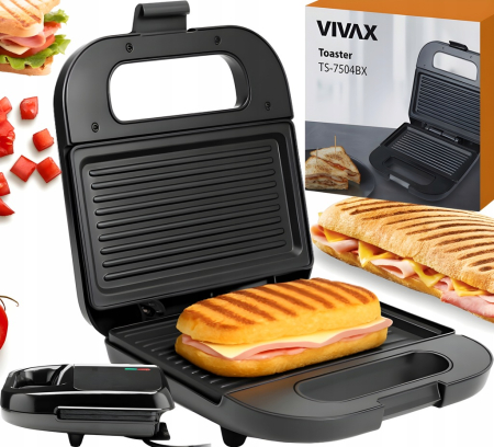 Sandwich maker VIVAX TS-7504 BX, 750W, Placi Antiaderente, Carcasa din Otel Inoxidabil, Maner Rece, Picioare Antialunecare, Protectie Supraincalzire, Indicator Luminos, Negru [7]