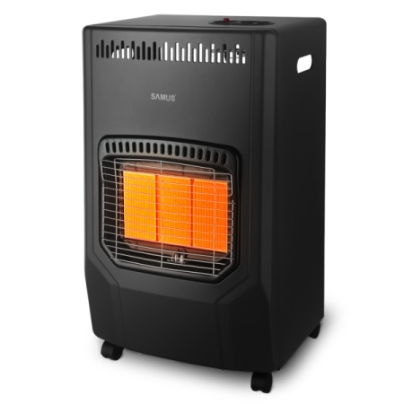 Sobe - Soba Samus RS423, Trei trepte de putere: 1.5 / 2.8 / 4.2 kW, Butelie de pana la 15 kg, Aprindere piezoelectrica, Comutator anti-rasturnare, Se utilizeaza cu GPL / Butan / Propan, Negru
