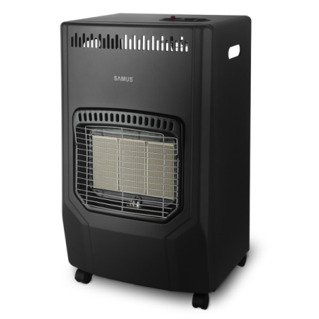 Soba Samus RS423, Trei trepte de putere: 1.5 / 2.8 / 4.2 kW, Butelie de pana la 15 kg, Aprindere piezoelectrica, Comutator anti-rasturnare, Se utilizeaza cu GPL / Butan / Propan, Negru [1]