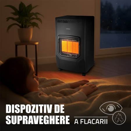Soba Samus RS423, Trei trepte de putere: 1.5 / 2.8 / 4.2 kW, Butelie de pana la 15 kg, Aprindere piezoelectrica, Comutator anti-rasturnare, Se utilizeaza cu GPL / Butan / Propan, Negru [7]