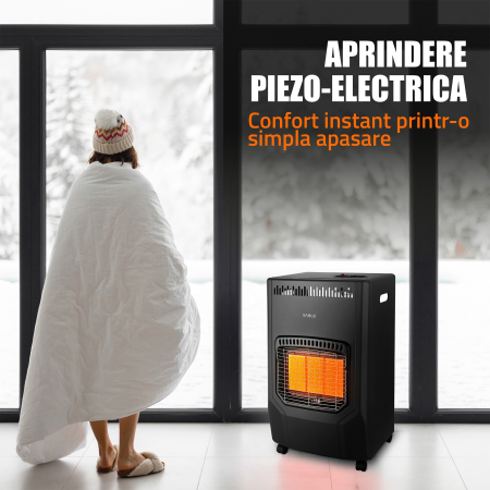 Soba Samus RS423, Trei trepte de putere: 1.5 / 2.8 / 4.2 kW, Butelie de pana la 15 kg, Aprindere piezoelectrica, Comutator anti-rasturnare, Se utilizeaza cu GPL / Butan / Propan, Negru [4]