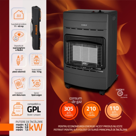 Soba Samus RS424P, Trei trepte de putere 1.5 / 2.8 / 4.2 kW, Aprindere piezoelectrica, Pliabila, Se utilizeaza cu GPL / Butan / Propan, Butelie de pana la 15 kg [4]