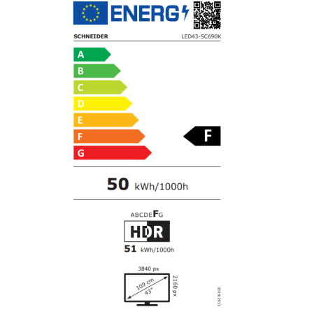 Televizor Smart SCHNEIDER Ultra HD 4K 43SC690K de 109 cm, Sistem VIDAA OS, Wi-Fi, Netflix, YouTube, Prime Video, Disney Plus, Audio Dolby, Mod Hotel, Negru, Clasa F [7]