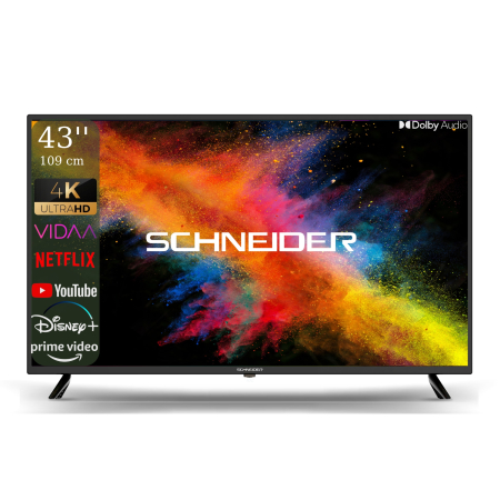 Tv Smart - Televizor Smart SCHNEIDER Ultra HD 4K 43SC690K de 109 cm, Sistem VIDAA OS, Wi-Fi, Netflix, YouTube, Prime Video, Disney Plus, Audio Dolby, Mod Hotel, Negru, Clasa F