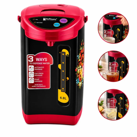 Fierbatoare - Termopot electric, Dispenser apa fierbinte/fierbator 6.8L Hoffmans HM-2568, 1000W, functie mentinere la cald, Negru/Roz