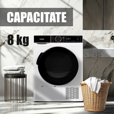 Uscator de rufe Samus SADP-835, 8 kg, Afisaj electronic, 15 programe, Clasa energetica D, Anti-sifonare, Blocare acces copii, Pornire intarziata, Alb [7]
