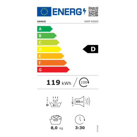 Uscator de rufe Samus SADP-836DS, 8 kg, Afisaj electronic, Tip procedura uscare pompa de caldura, 15 programe, Clasa energetica D, Anti-sifonare, Blocare acces copii, Pornire intarziata, Gri inchis [3]
