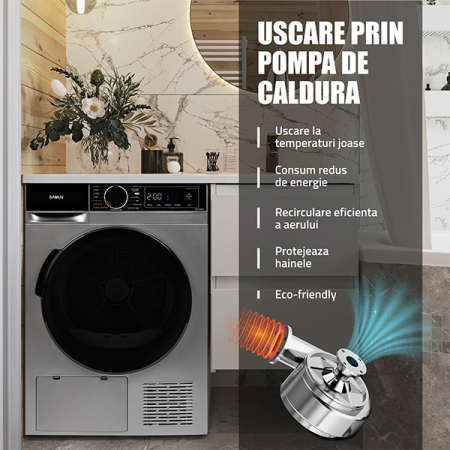 Uscator de rufe Samus SADP-836DS, 8 kg, Afisaj electronic, Tip procedura uscare pompa de caldura, 15 programe, Clasa energetica D, Anti-sifonare, Blocare acces copii, Pornire intarziata, Gri inchis [4]