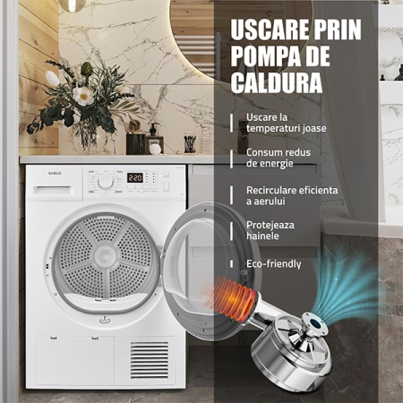 Uscator de rufe Samus SGDP-1024, 10 kg, Afisaj electronic, Tip procedura uscare pompa de caldura, 16 programe, Clasa energetica D, Anti-sifonare, Blocare acces copii, Pornire intarziata, Alb [5]