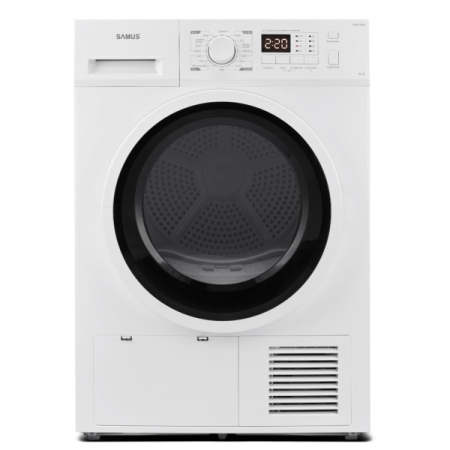 ELECTROCASNICE - Uscator de rufe Samus SGDP-1024, 10 kg, Afisaj electronic, Tip procedura uscare pompa de caldura, 16 programe, Clasa energetica D, Anti-sifonare, Blocare acces copii, Pornire intarziata, Alb