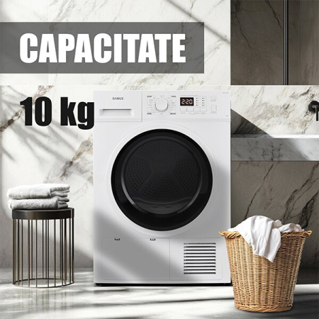 Uscator de rufe Samus SGDP-1024, 10 kg, Afisaj electronic, Tip procedura uscare pompa de caldura, 16 programe, Clasa energetica D, Anti-sifonare, Blocare acces copii, Pornire intarziata, Alb [7]
