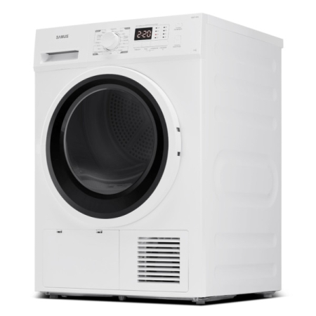 Uscator de rufe Samus SGDP-924, 9 kg, Afisaj electronic, Tip procedura uscare pompa de caldura, 16 programe, Clasa energetica D, Anti-sifonare, Blocare acces copii, Pornire intarziata, Alb [1]