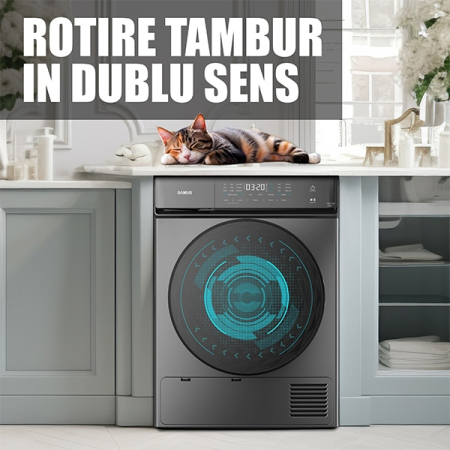 Uscator de rufe Samus SWDP-919DS, 8 kg, Tip procedura uscare: pompa de caldura. 18 programe, Clasa energetica E, anti-sifonare, blocare acces copii, gri inchis [6]