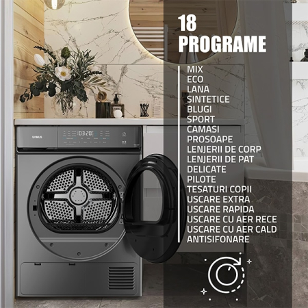 Uscator de rufe Samus SWDP-919DS, 8 kg, Tip procedura uscare: pompa de caldura. 18 programe, Clasa energetica E, anti-sifonare, blocare acces copii, gri inchis [5]