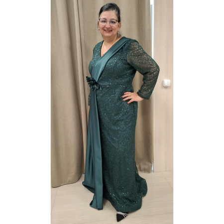 Rochii - Rochie elegantă verde smarald lungă din dantelă cu paiete și eșarfă din satin – MelyFashion