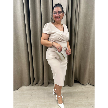 Rochii - Rochie elegantă crem midi cambrată cu decolteu petrecut – MelyFashion
