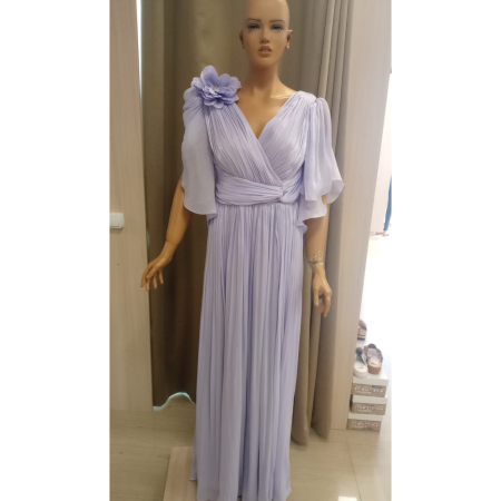 Rochii - Rochie elegantă lila lungă plisată cu mâneci vaporoase și floare pe umăr – MelyFashion