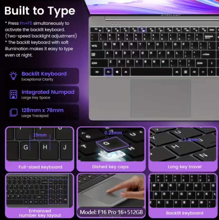 F16 Pro Laptop 15,6 inch Ecran Vasta, Intel Gen 12th CPU, Până la 16GB Ram +512GB SSD Slot 1920×1080 Full HD Windows11Pro Turbo Boost până la 3,4Ghz [3]