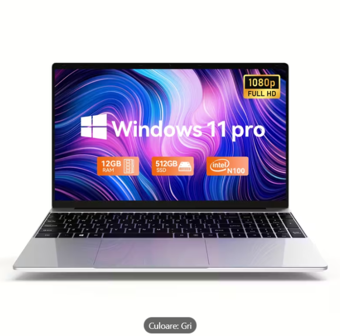 Laptop (2025), Windows 11 Pro, Ecran FHD+ 15.6", 12GB RAM, 512 GB SSD Intel Pentium Quad Core N100 Încărcare Rapidă, 200W Webcam Gri [8]