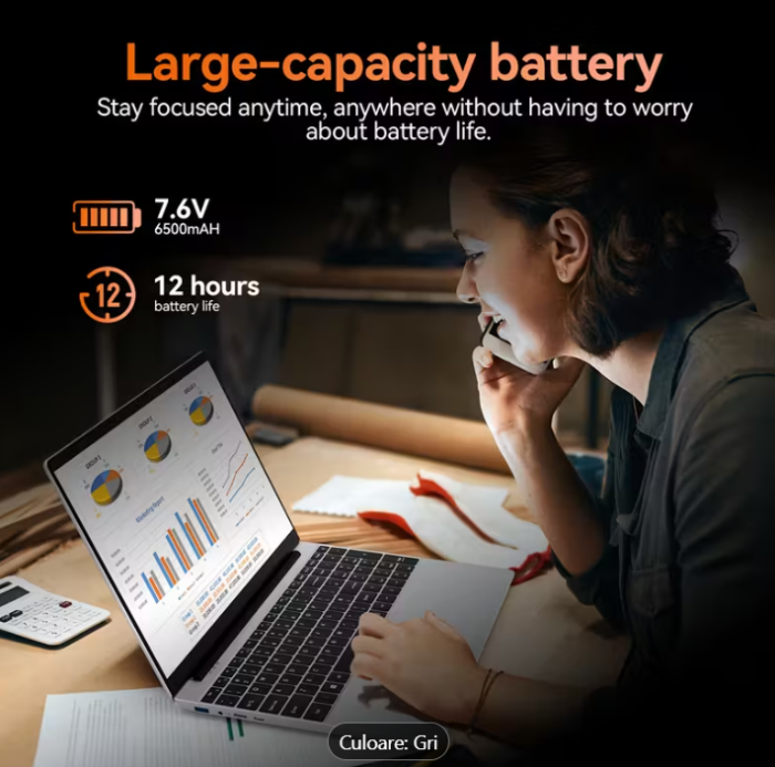 Laptop (2025), Windows 11 Pro, Ecran FHD+ 15.6", 12GB RAM, 512 GB SSD Intel Pentium Quad Core N100 Încărcare Rapidă, 200W Webcam Gri [7]