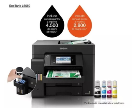Imprimante  - Multifunctional Inkjet color EPSON EcoTank L6550, A4, ADF, USB, LAN, Wi-Fi, Negru